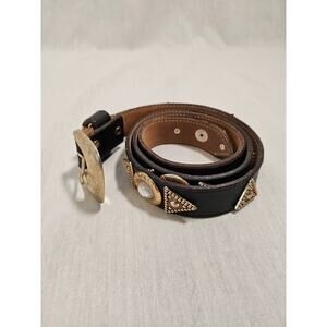 Leatherock Women's Western Black Leather Belt Cabochon Gold Accents M 28” To 32”